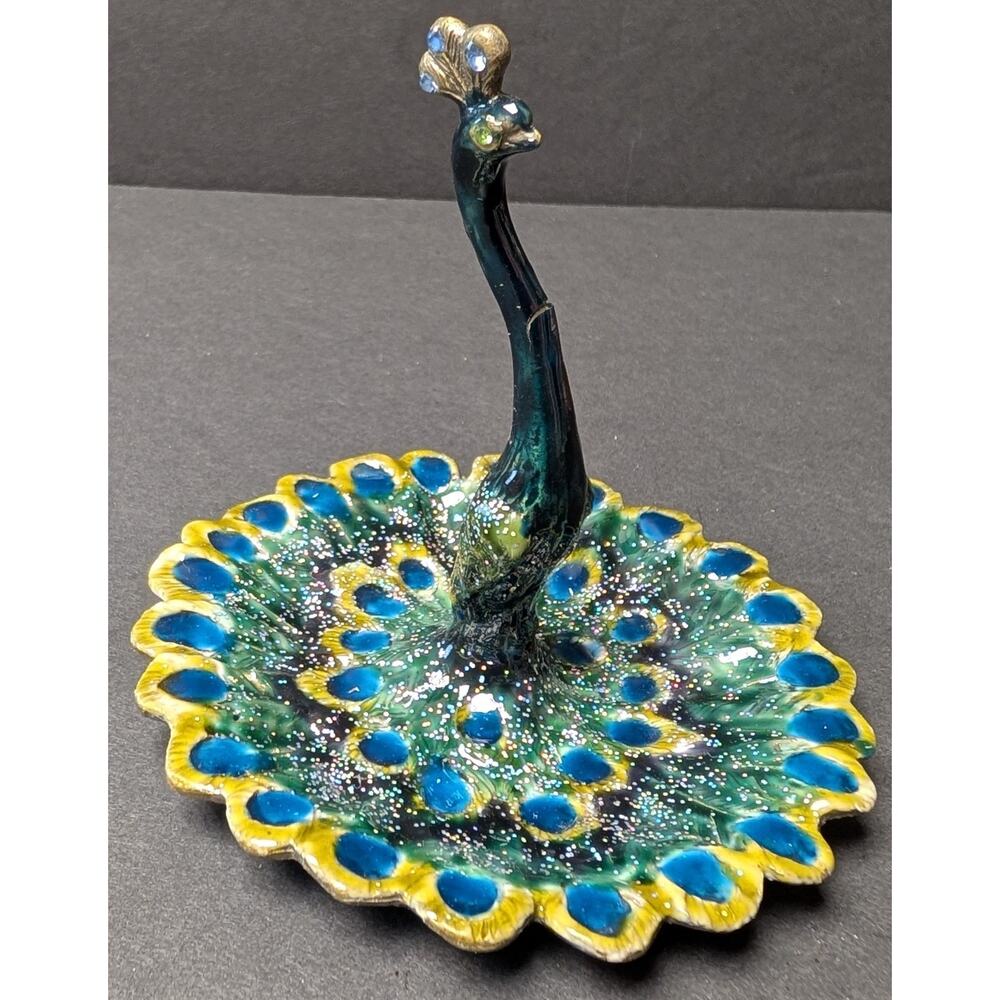Enameled Pewter Peacock Ring Holder Jewelry Trinket Tray Jeweled Glitter